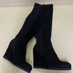 Stuart Weitzman Black Suede Knee High Wedge Boots